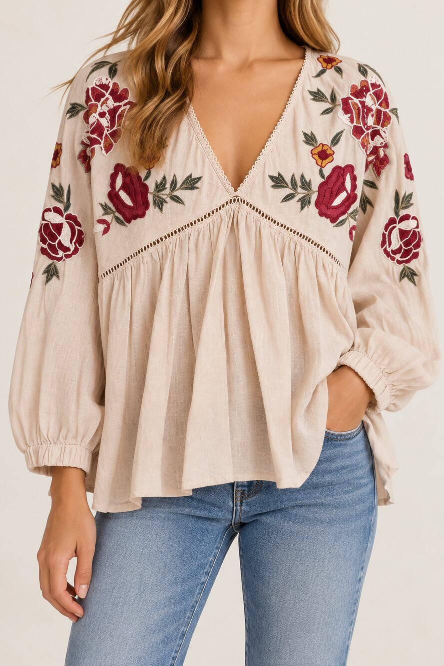 Zara Embroidered Linen blend Oatmeal Red Floral Peplum Boho Folk Peasant Top M